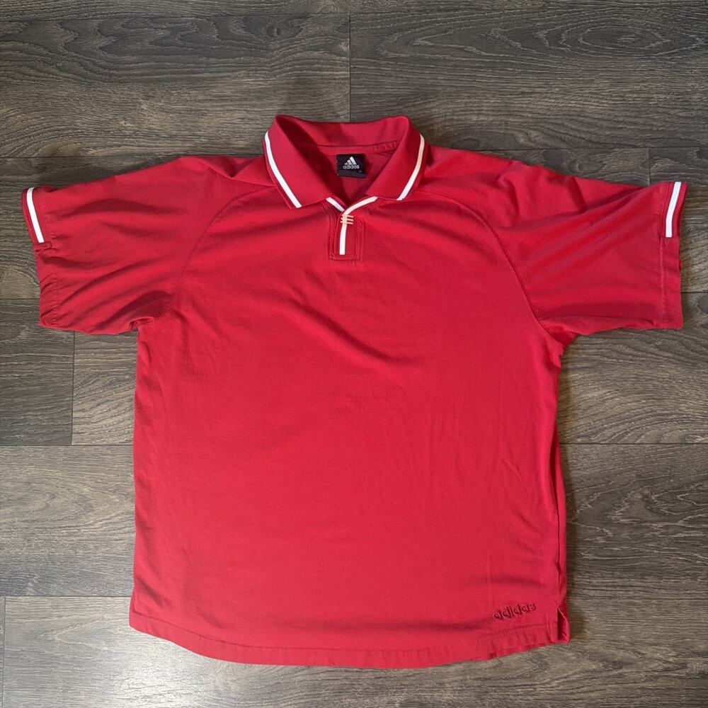 Y2K Adidas Sz L Polo Shirt Red White Piping 2003 Short Sleeve Retro Golf Preppy